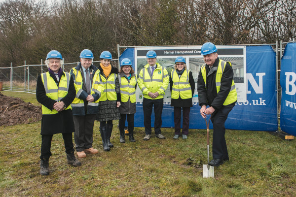 Breaking ground ceremony with Council Leaders and members of the West Herts Crematorium Joint Committee in March 2022. Left to right: Cllr Anthony Rowlands, Cllr Terry Douris, Cllr Aga Dychton, Cllr Sarah Nelmes, Cllr Andrew Williams, Cllr Anne Swerling, Cllr David Major.